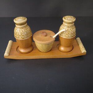 Vintage Japanese Ceramic & Wood Condiment Set with a Teak Wood Tray MCM